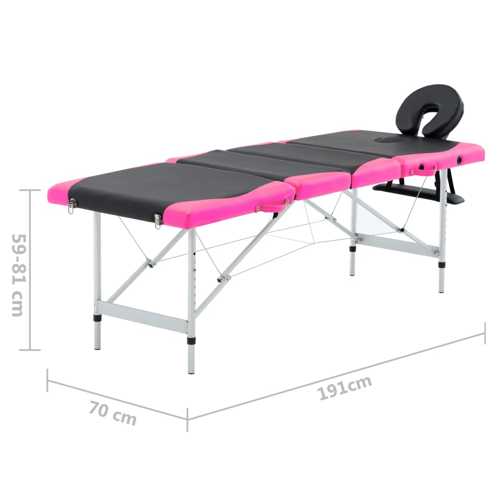Massageliege Klappbar 4-Zonen Aluminiumgestell Schwarz und Rosa