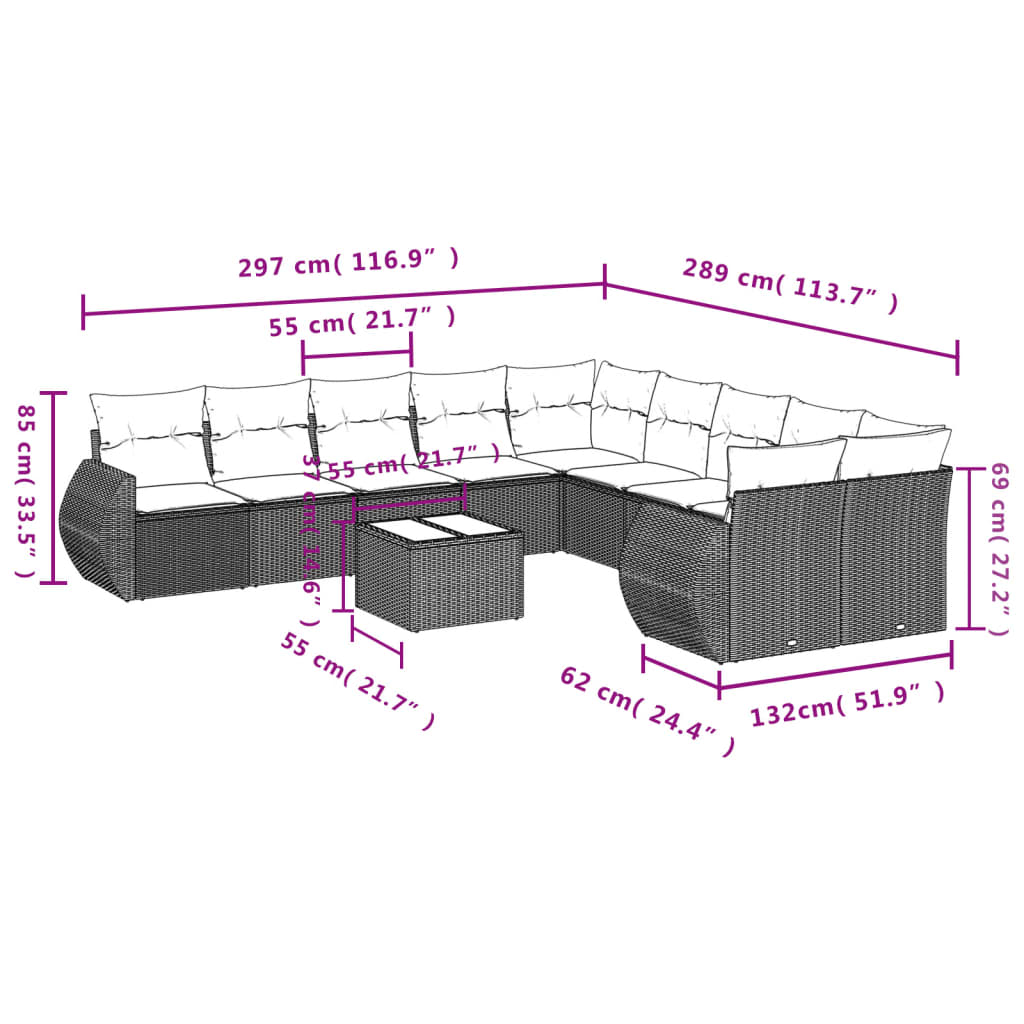 10-teiliges Gartensofa-Set mit Kissen, schwarzes Polyrattan