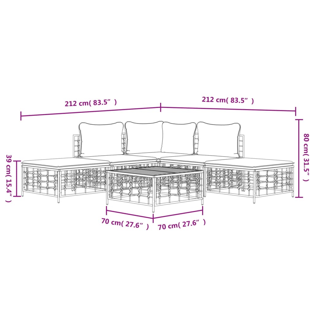 5-tlg. Garten-Lounge-Set mit Kissen Anthrazit Poly Rattan