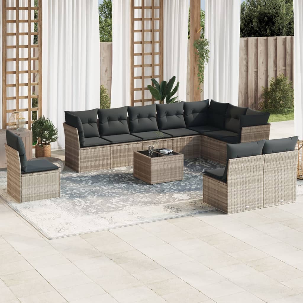 10-tlg. Garten-Sofagarnitur mit Kissen Schwarz Poly Rattan