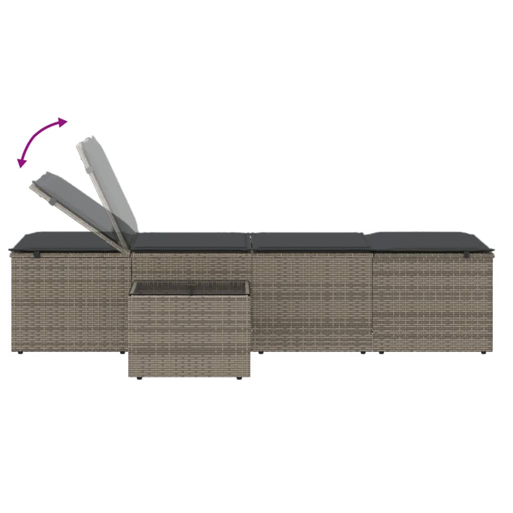 Modulare Sonnenliegen 2 Stk. mit Tisch Schwarz Poly Rattan
