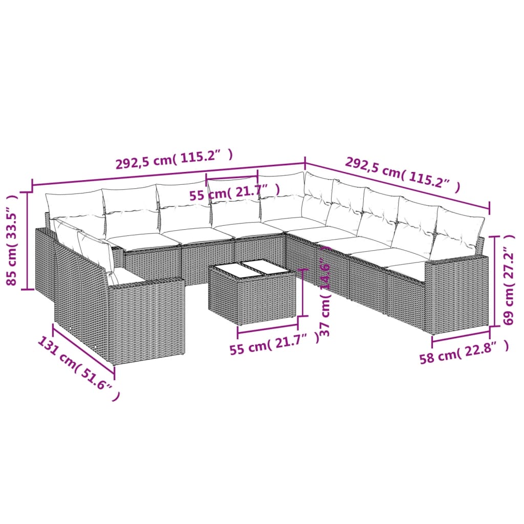 11-tlg. Garten-Sofagarnitur mit Kissen Schwarz Poly Rattan