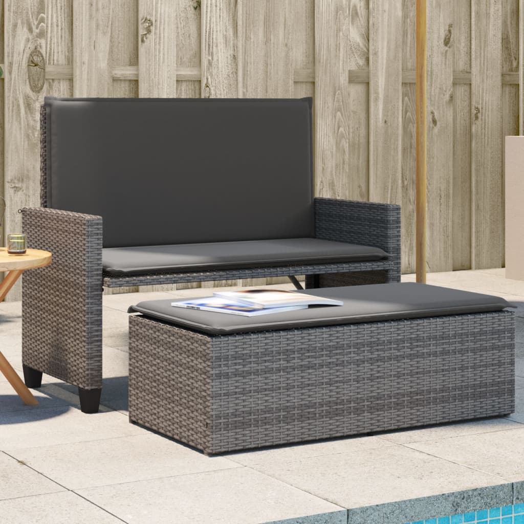 Gartenbank mit Kissen und Hocker Schwarz Poly Rattan