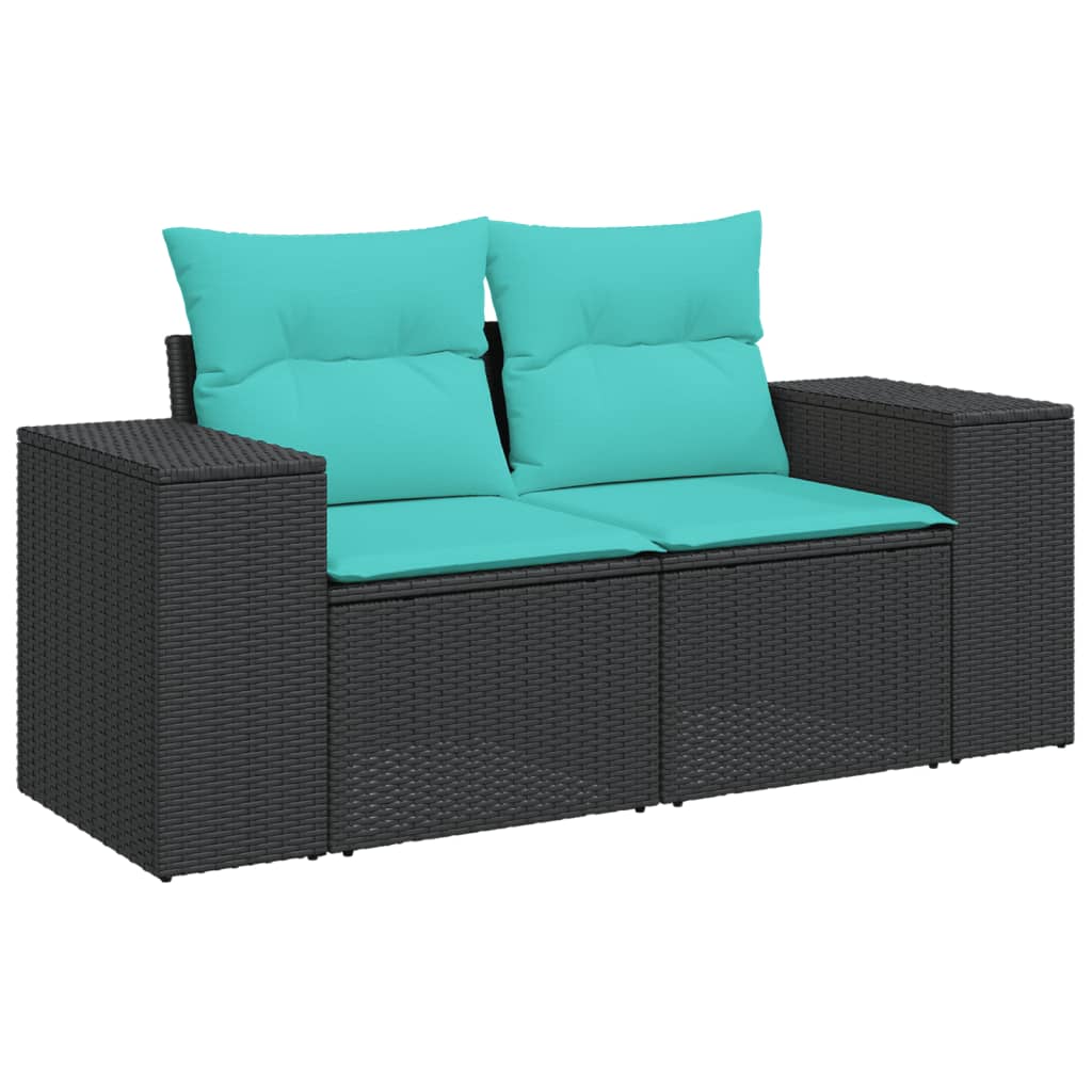 3-teiliges Gartensofa-Set mit Kissen, schwarzes Polyrattan
