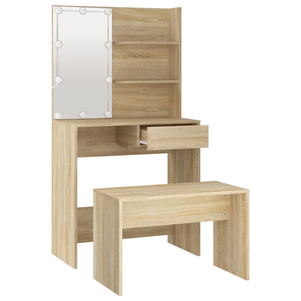 Schminktisch-Set mit LED Weiß Holzwerkstoff