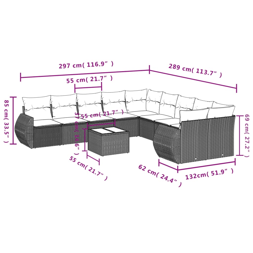 10-tlg. Garten-Sofagarnitur mit Kissen Schwarz Poly Rattan