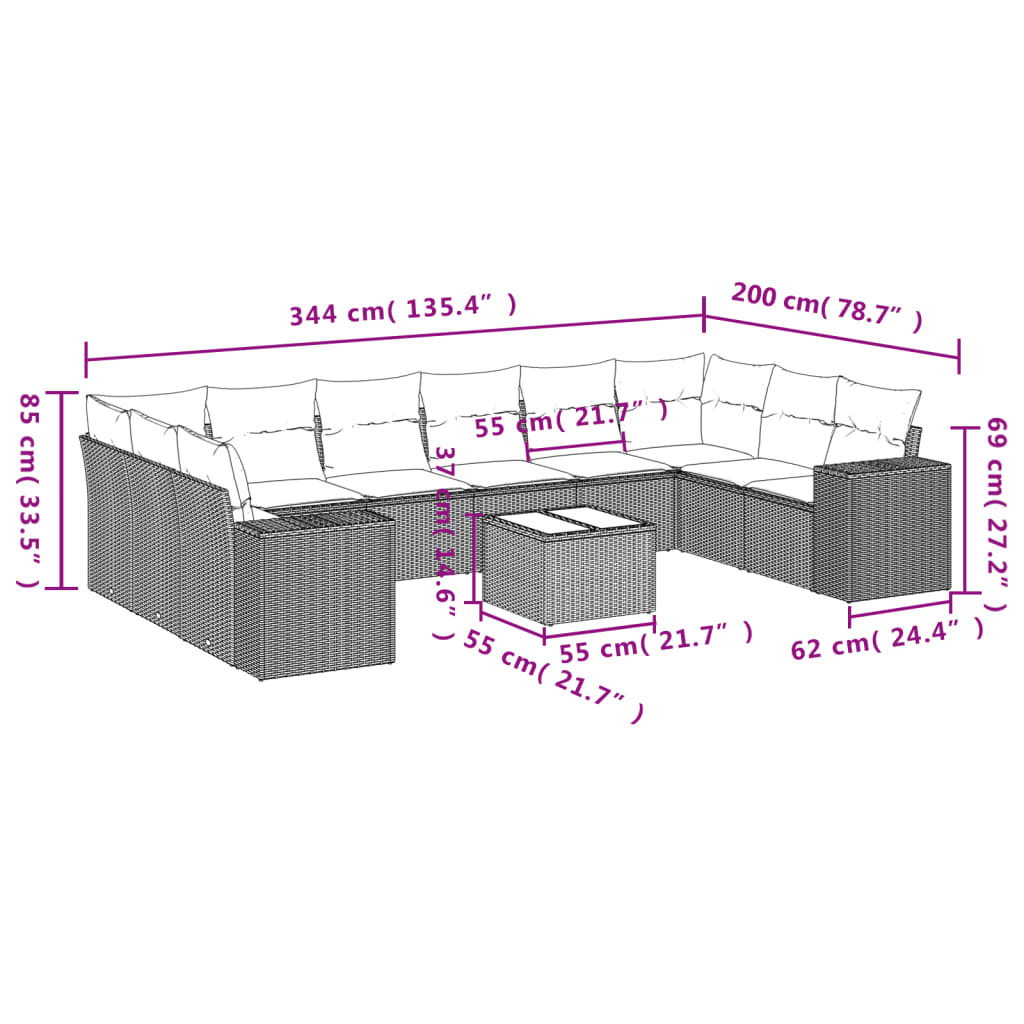 10-teiliges Gartensofa-Set mit Kissen, schwarzes Polyrattan