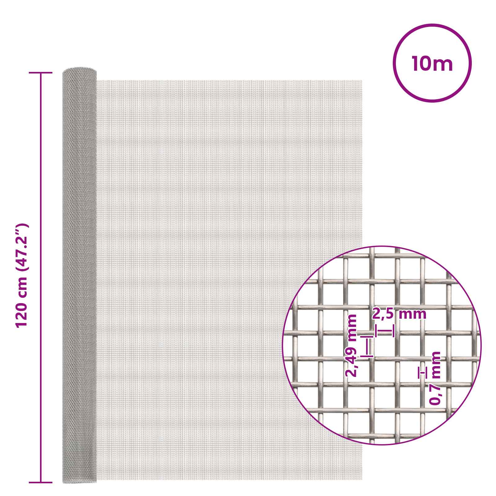 Mesh Bildschirm 20 x 500 cm 20 Mesh Edelstahl 201 Silber