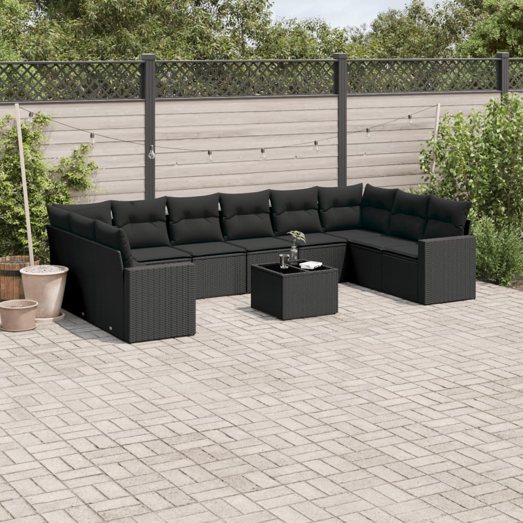 10-tlg. Garten-Sofagarnitur mit Kissen Schwarz Poly Rattan