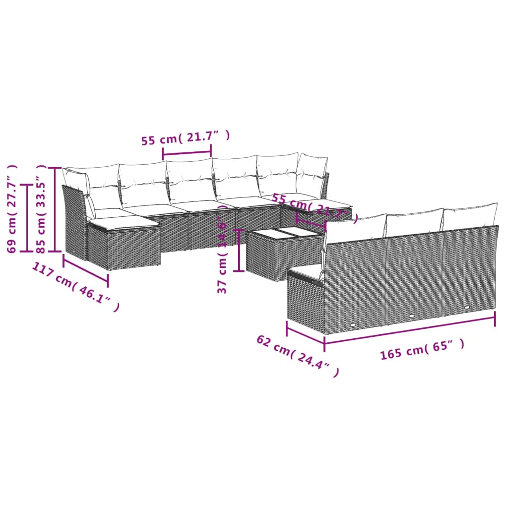 10-tlg. Garten-Sofagarnitur mit Kissen Schwarz Poly Rattan