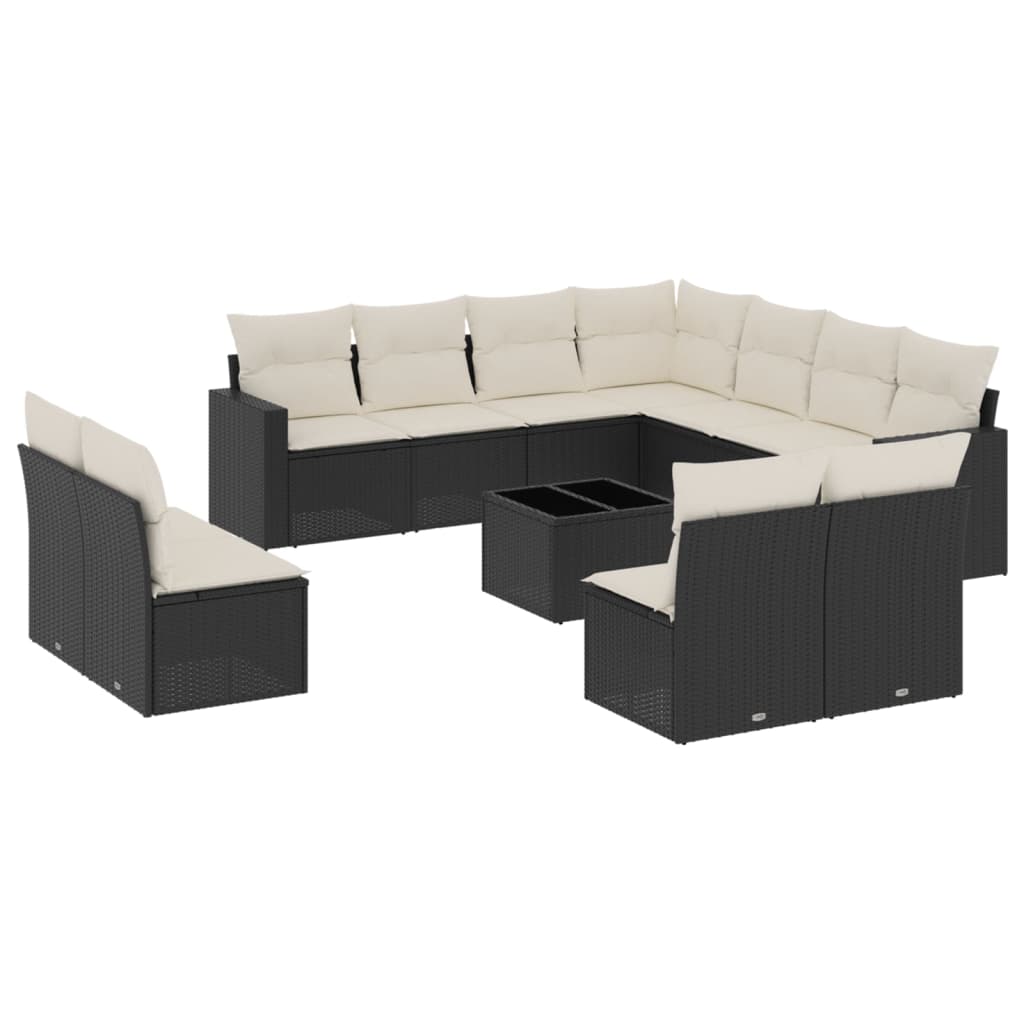 11-tlg. Garten-Sofagarnitur mit Kissen Schwarz Poly Rattan