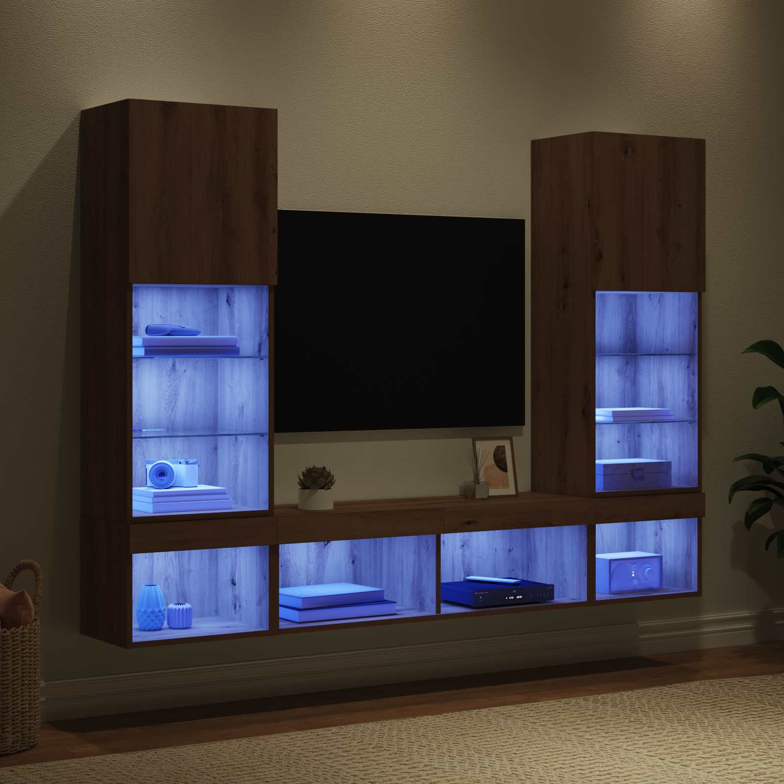 5-tlg. Wohnwand mit LED-Beleuchtung Weiß Holzwerkstoff