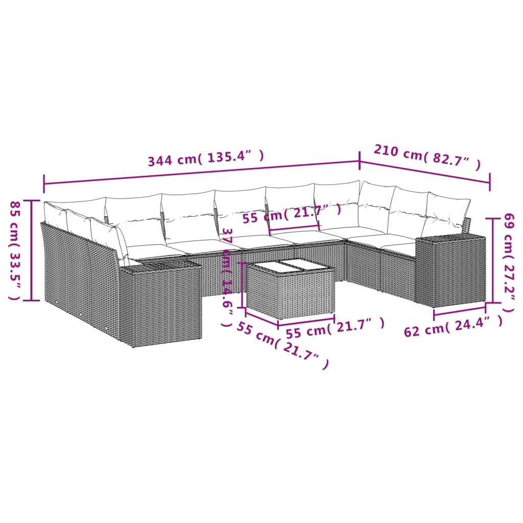 10-tlg. Garten-Sofagarnitur mit Kissen Schwarz Poly Rattan