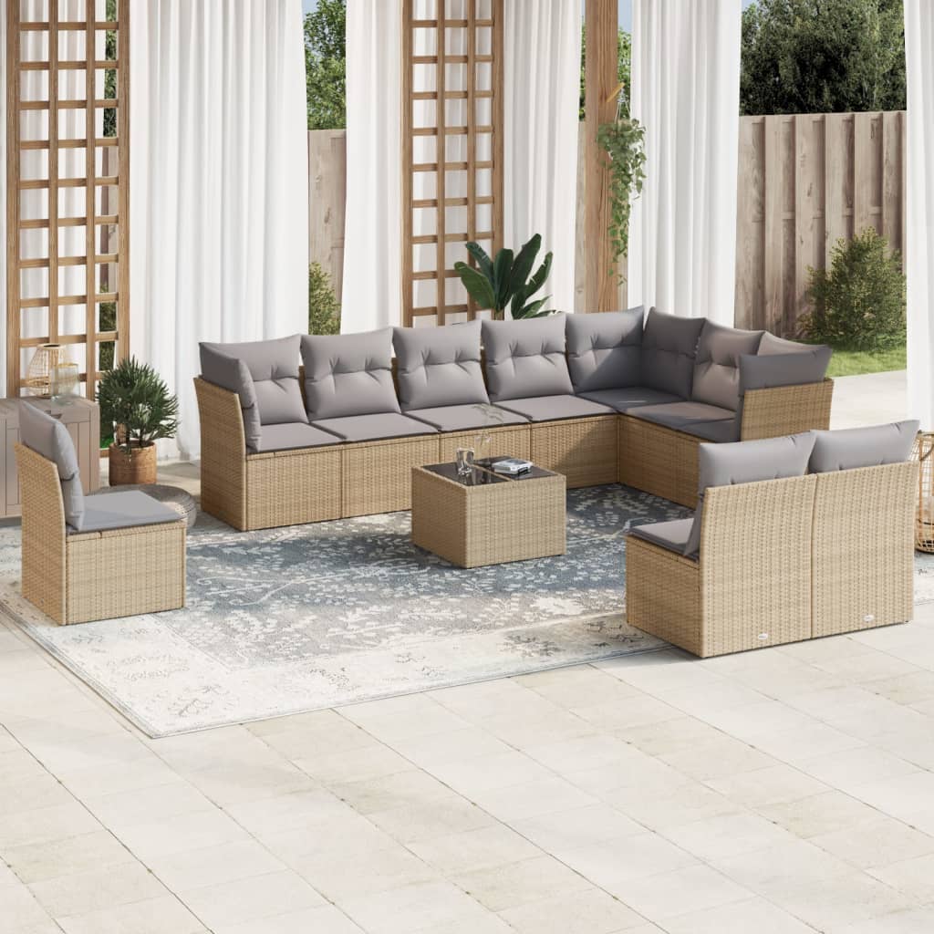 10-tlg. Garten-Sofagarnitur mit Kissen Schwarz Poly Rattan