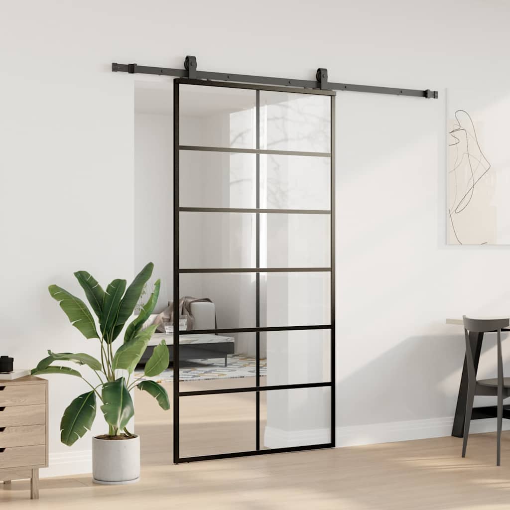 Schiebetür mit Beschlag Schwarz 76x205 cm ESG-Glas