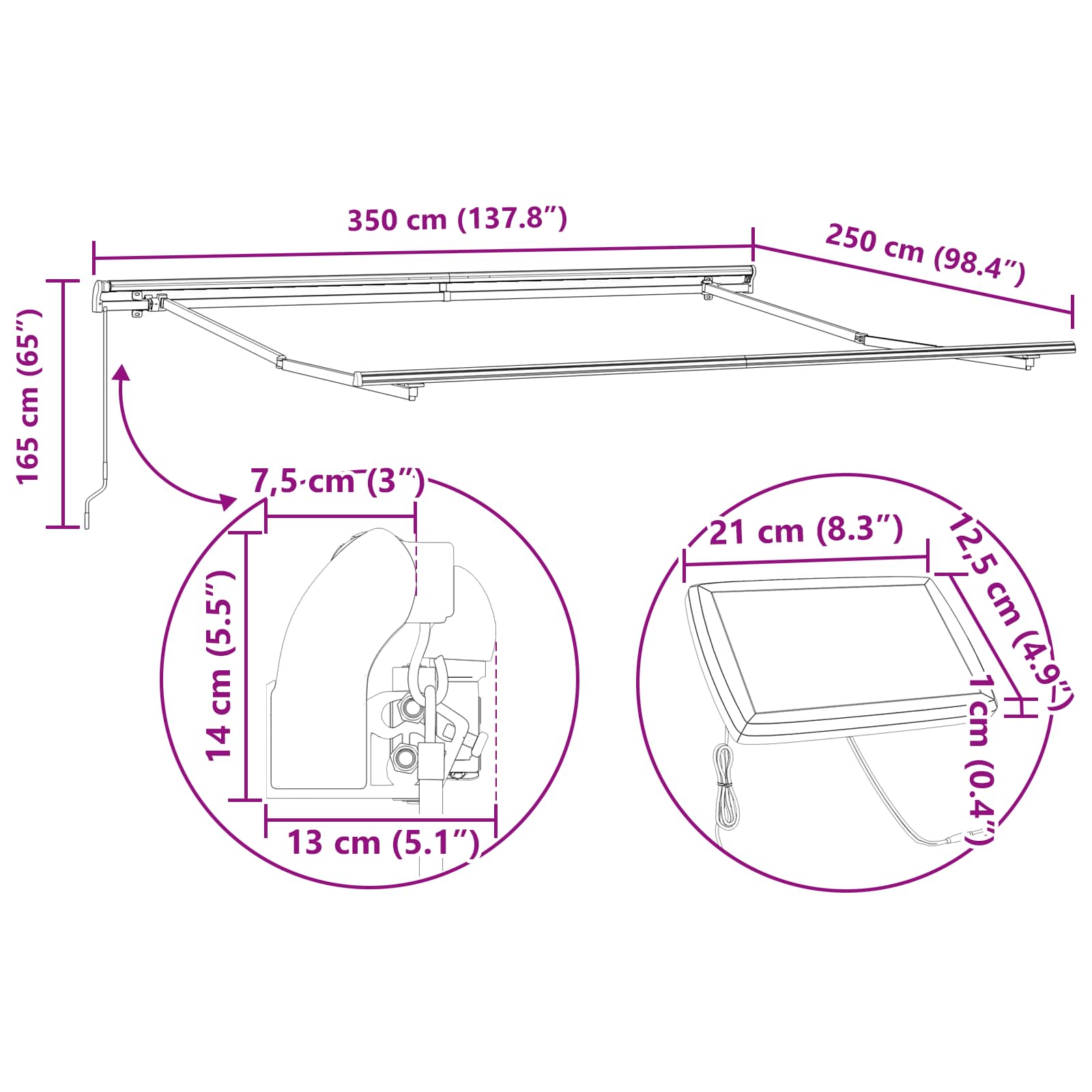 Markise Manuell Einziehbar mit LED 300x250 cm Blau und Weiß