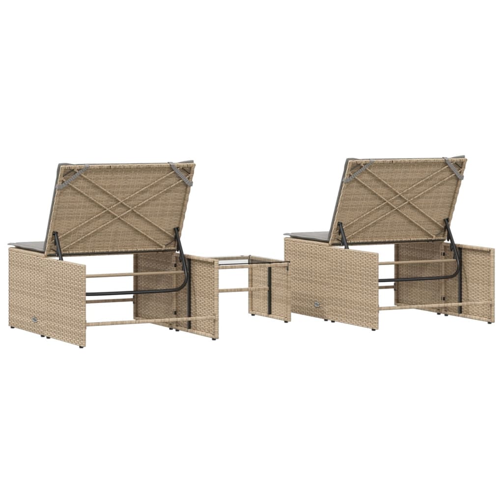 Modulare Sonnenliegen 2 Stk. mit Tisch Schwarz Poly Rattan