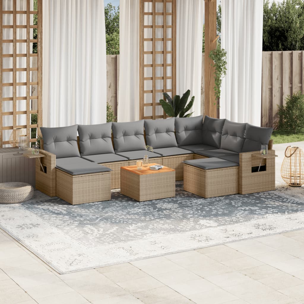 10-tlg. Garten-Sofagarnitur mit Kissen Schwarz Poly Rattan