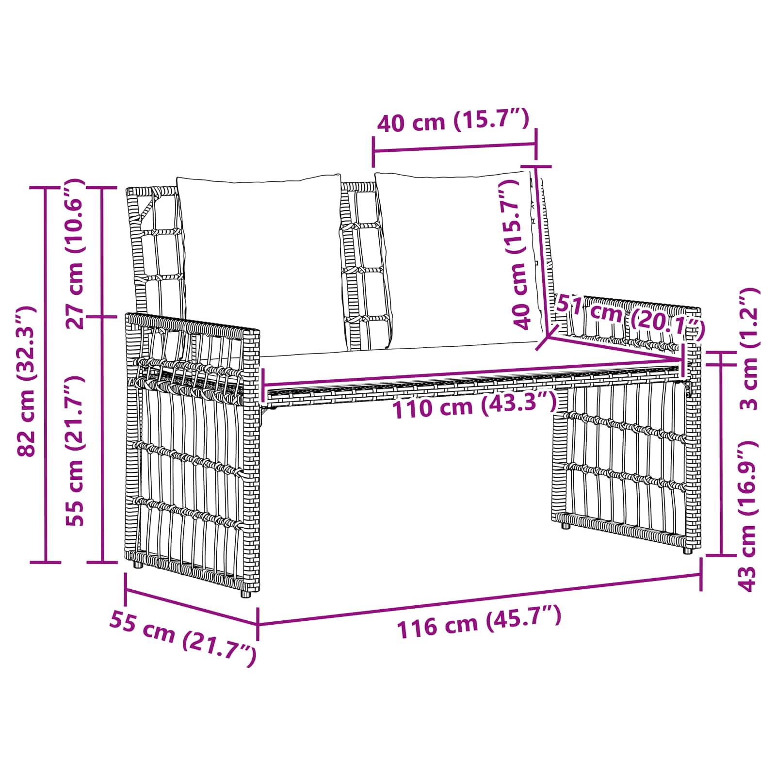 Bank Outdoor Uni Schwarz und Dunkelgrau 116 x 55 x 82 cm