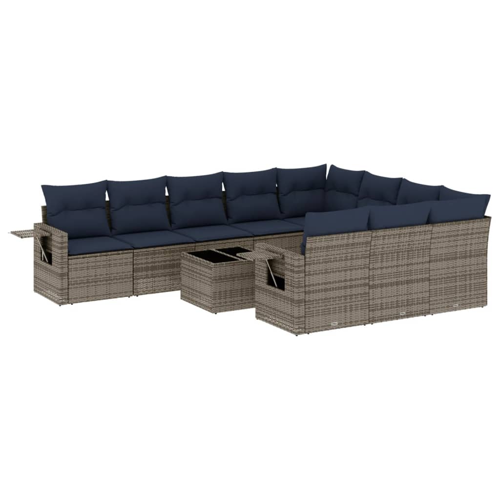 10-teiliges Gartensofa-Set mit Kissen, schwarzes Polyrattan