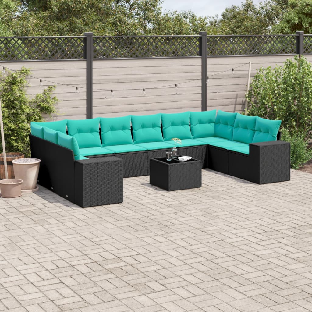 10-teiliges Gartensofa-Set mit Kissen, schwarzes Polyrattan