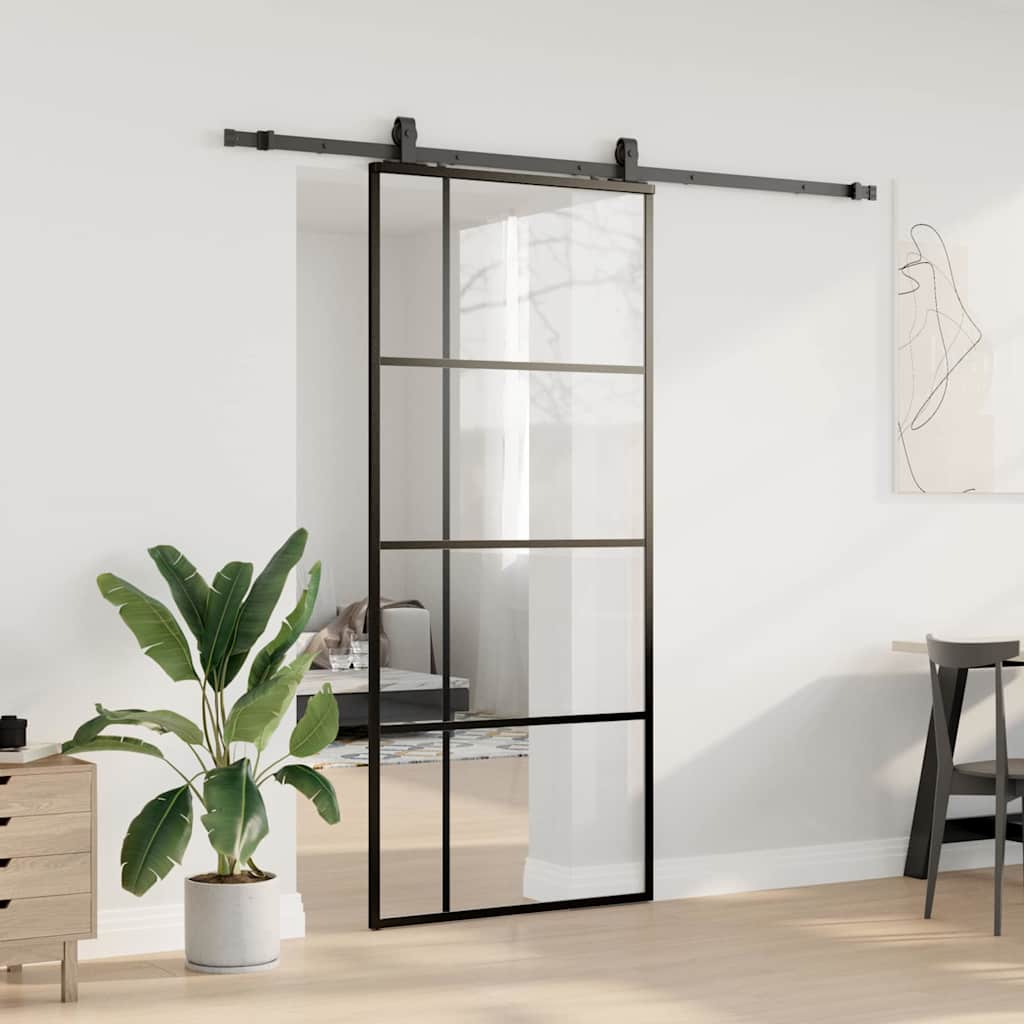 Schiebetür mit Beschlag Schwarz 76x205 cm ESG-Glas