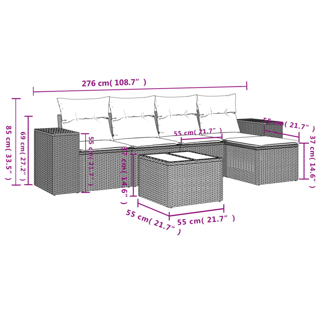 5-teiliges Gartensofa-Set mit Kissen, schwarzes Polyrattan