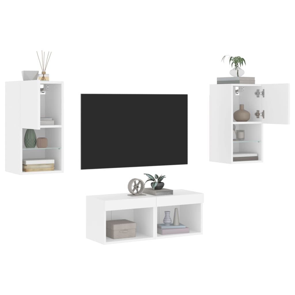 4-tlg. TV-Wohnwand mit LED-Leuchten Weiß