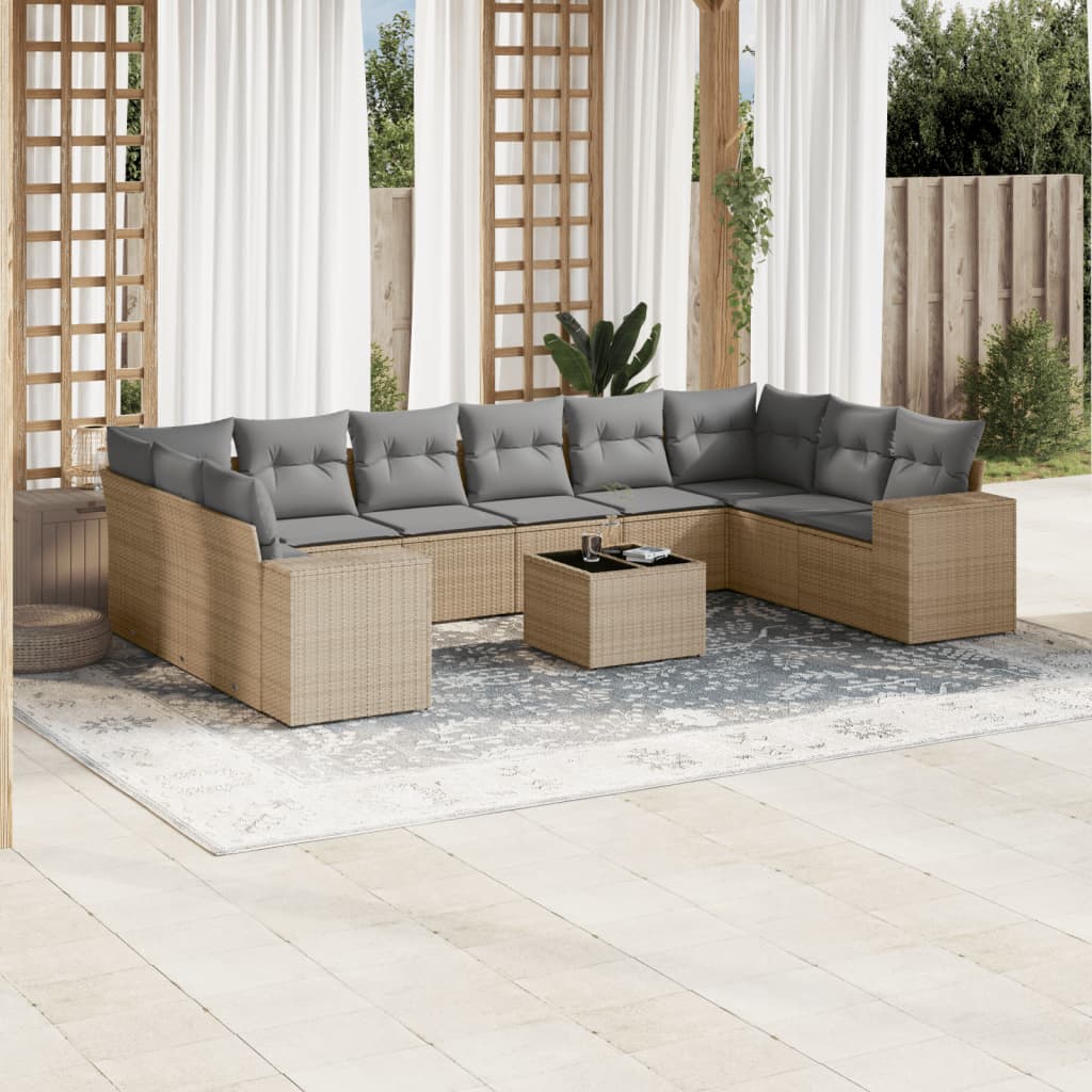 10-tlg. Garten-Sofagarnitur mit Kissen Schwarz Poly Rattan