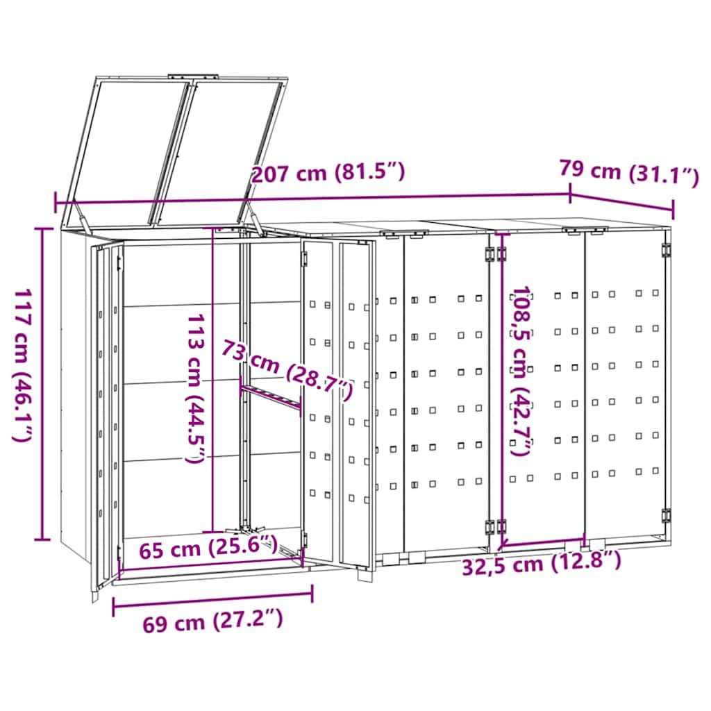 Mülltonnenbox für 2 Tonnen Schwarz 138x79x117 cm Stahl