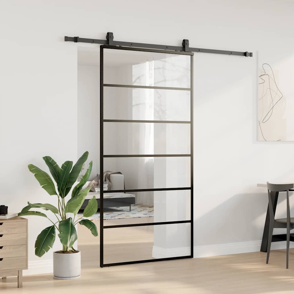 Schiebetür mit Beschlag Schwarz 76x205 cm ESG-Glas