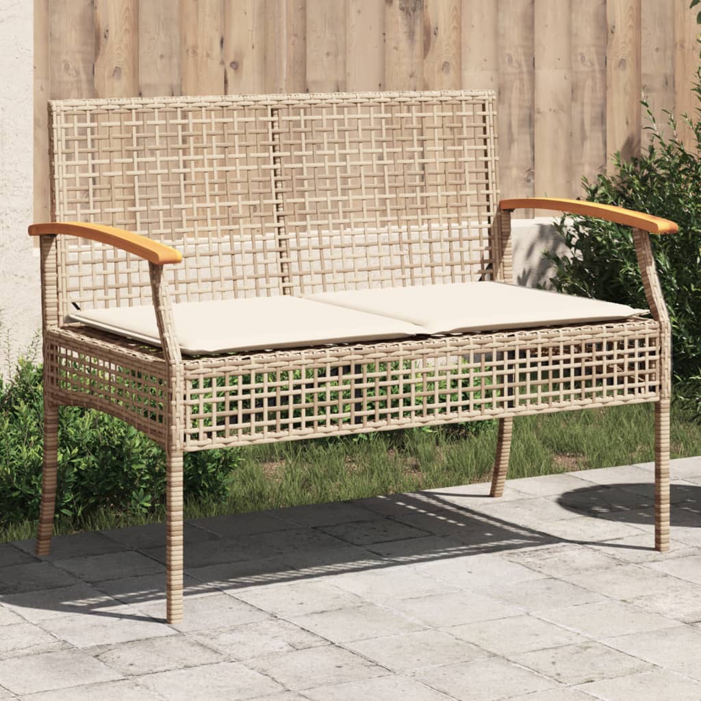 Gartenbank mit Kissen Schwarz Poly Rattan Akazienholz