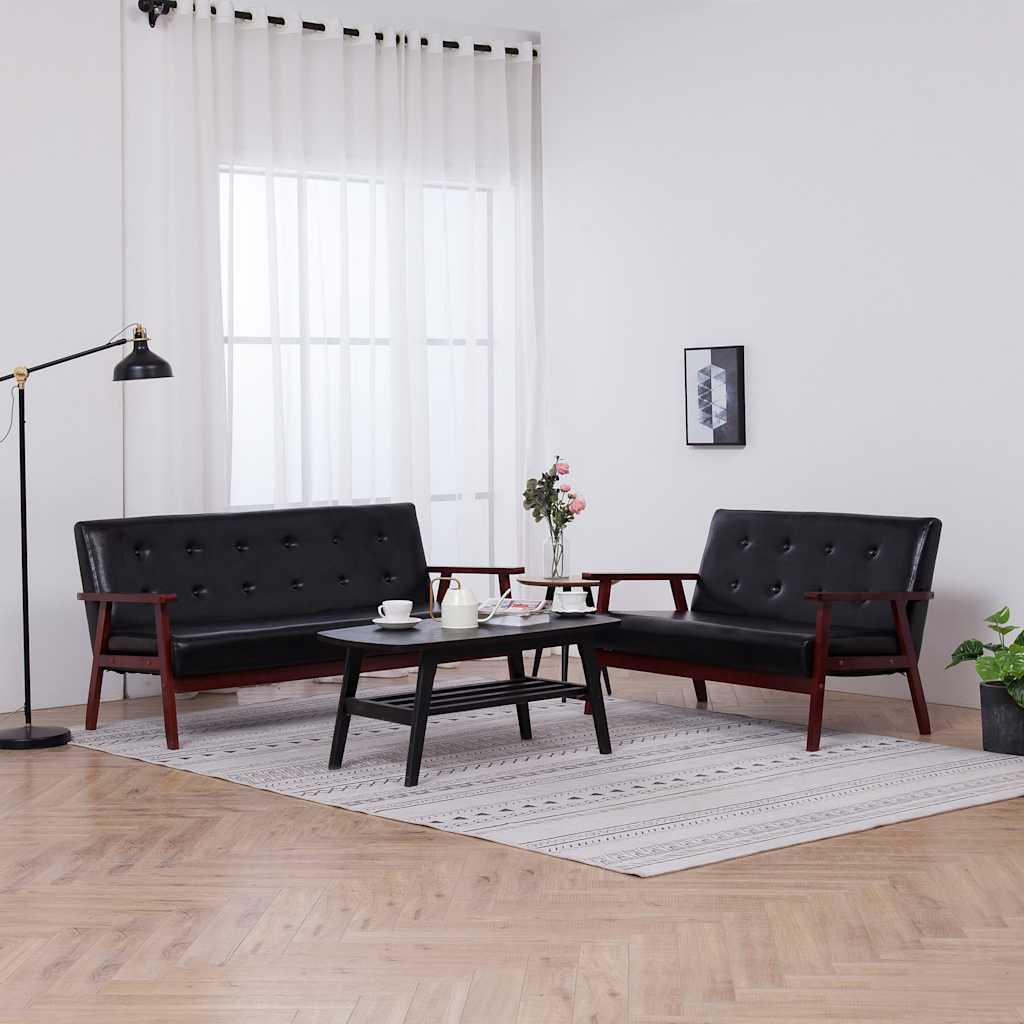 3-tlg. Sofagarnitur Schwarz Kunstleder