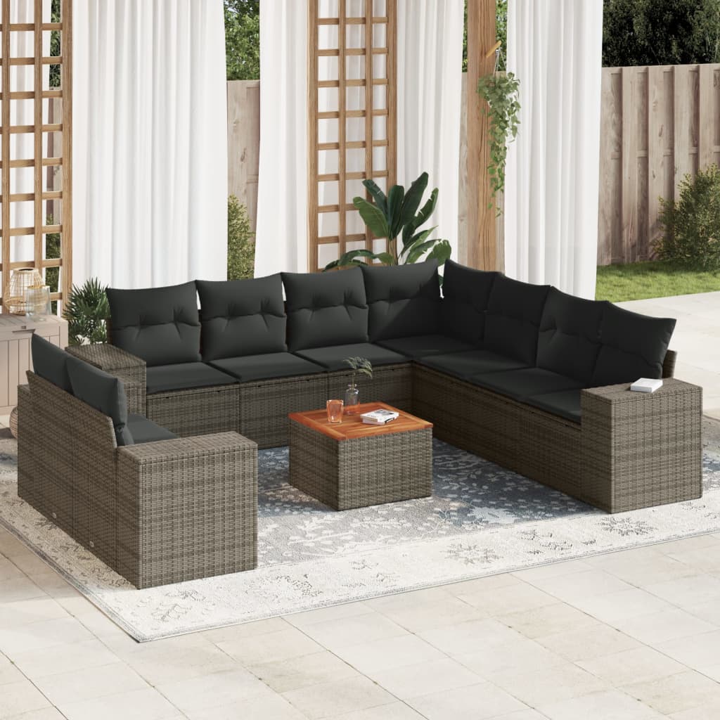 10-tlg. Garten-Sofagarnitur mit Kissen Schwarz Poly Rattan