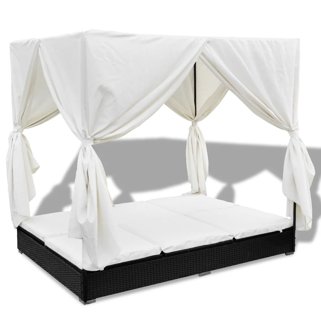 Outdoor-Loungebett mit Vorhang Poly Rattan Braun