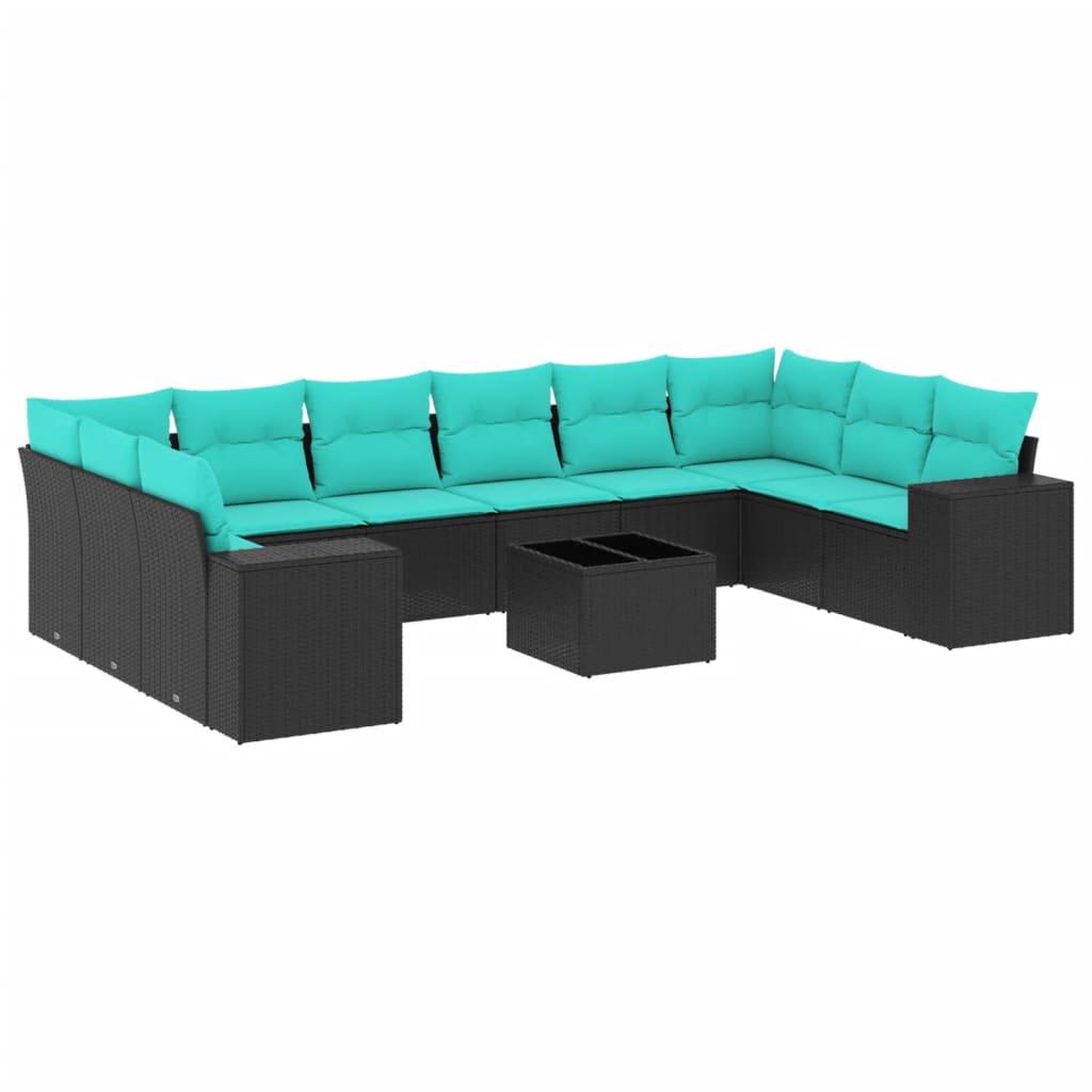 10-teiliges Gartensofa-Set mit Kissen, schwarzes Polyrattan