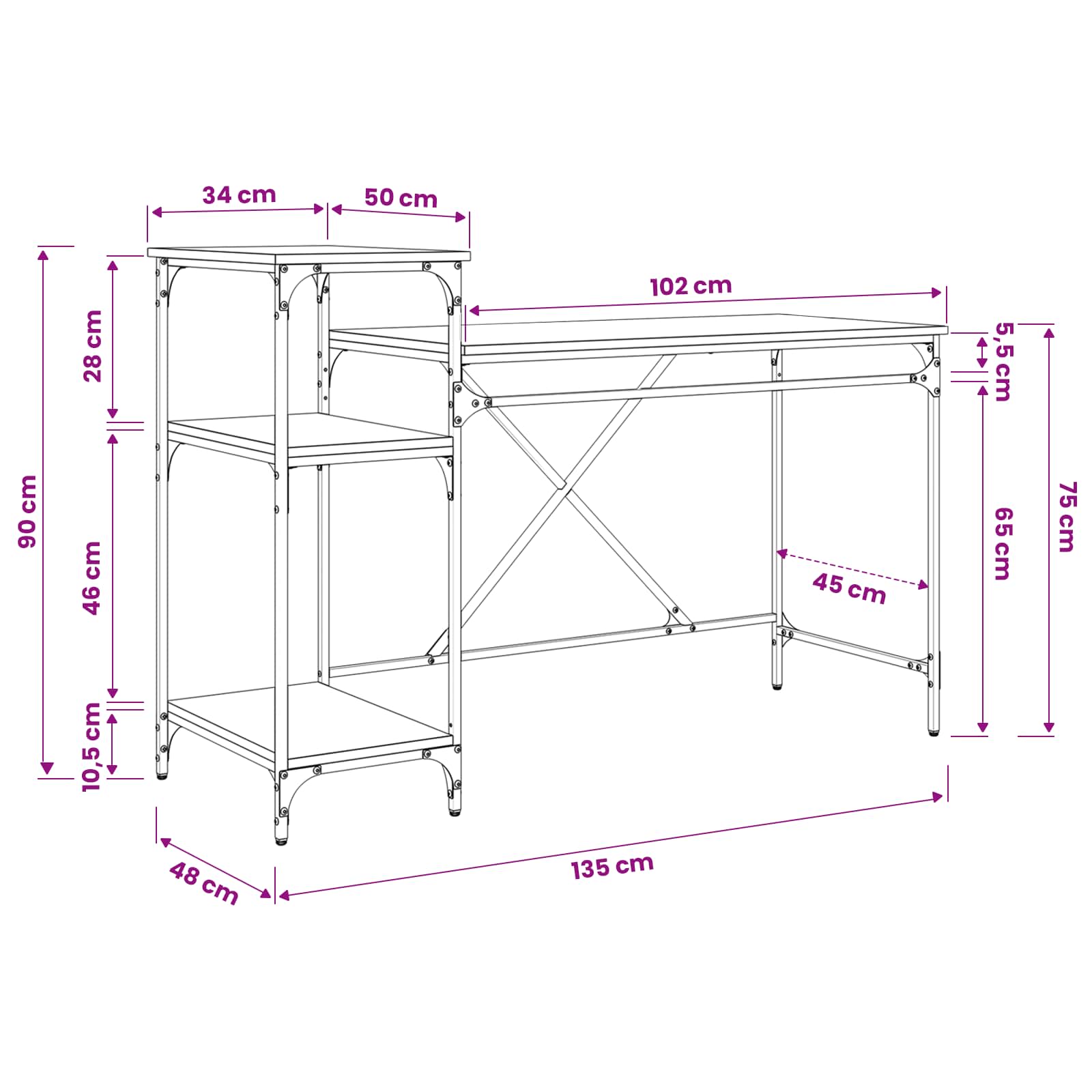 Schreibtisch mit Regal Sonoma-Eiche 135x50x90 cm Holzwerkstoff