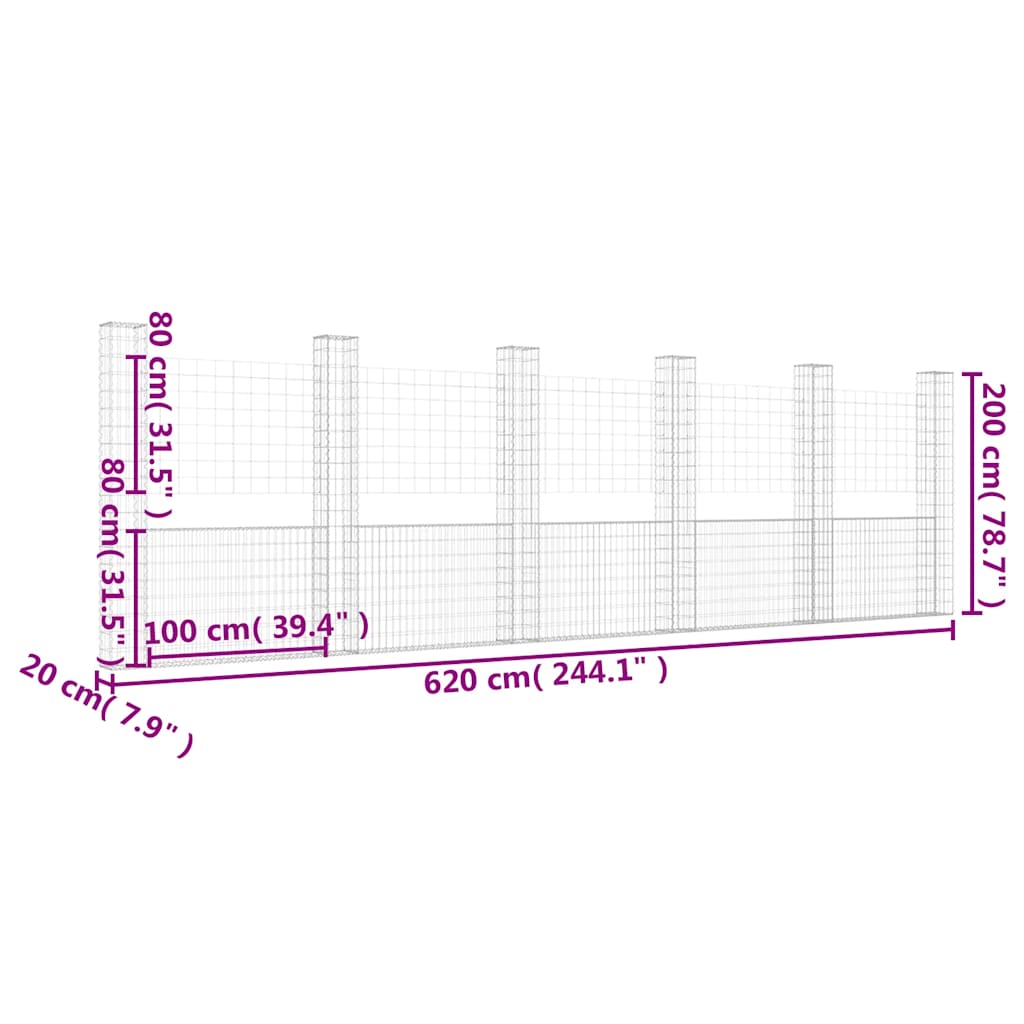 Gabionenkorb U-Form mit 2 Säulen Eisen 140x20x150 cm