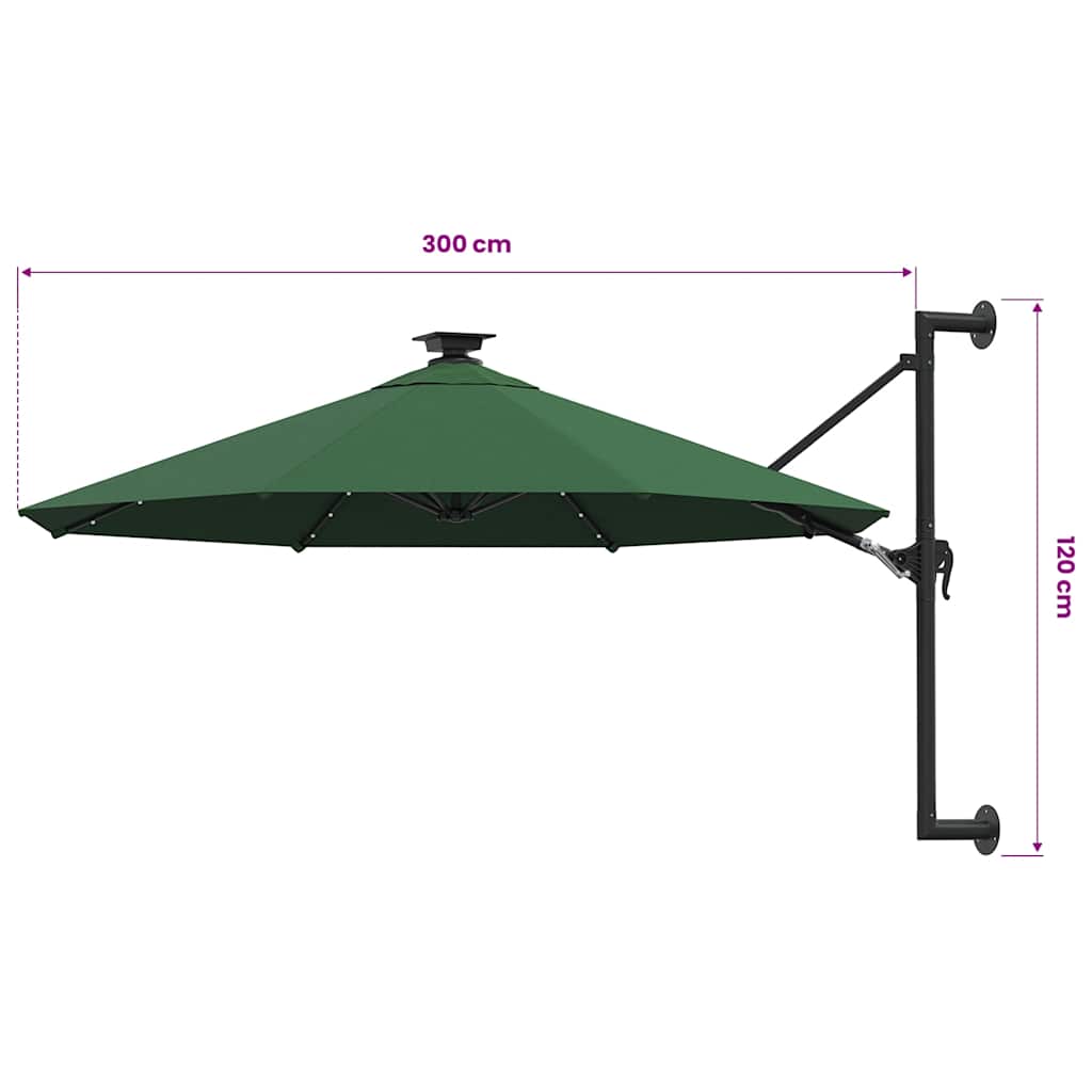 Sonnenschirm zur Wandmontage mit LEDs 300 cm Grün