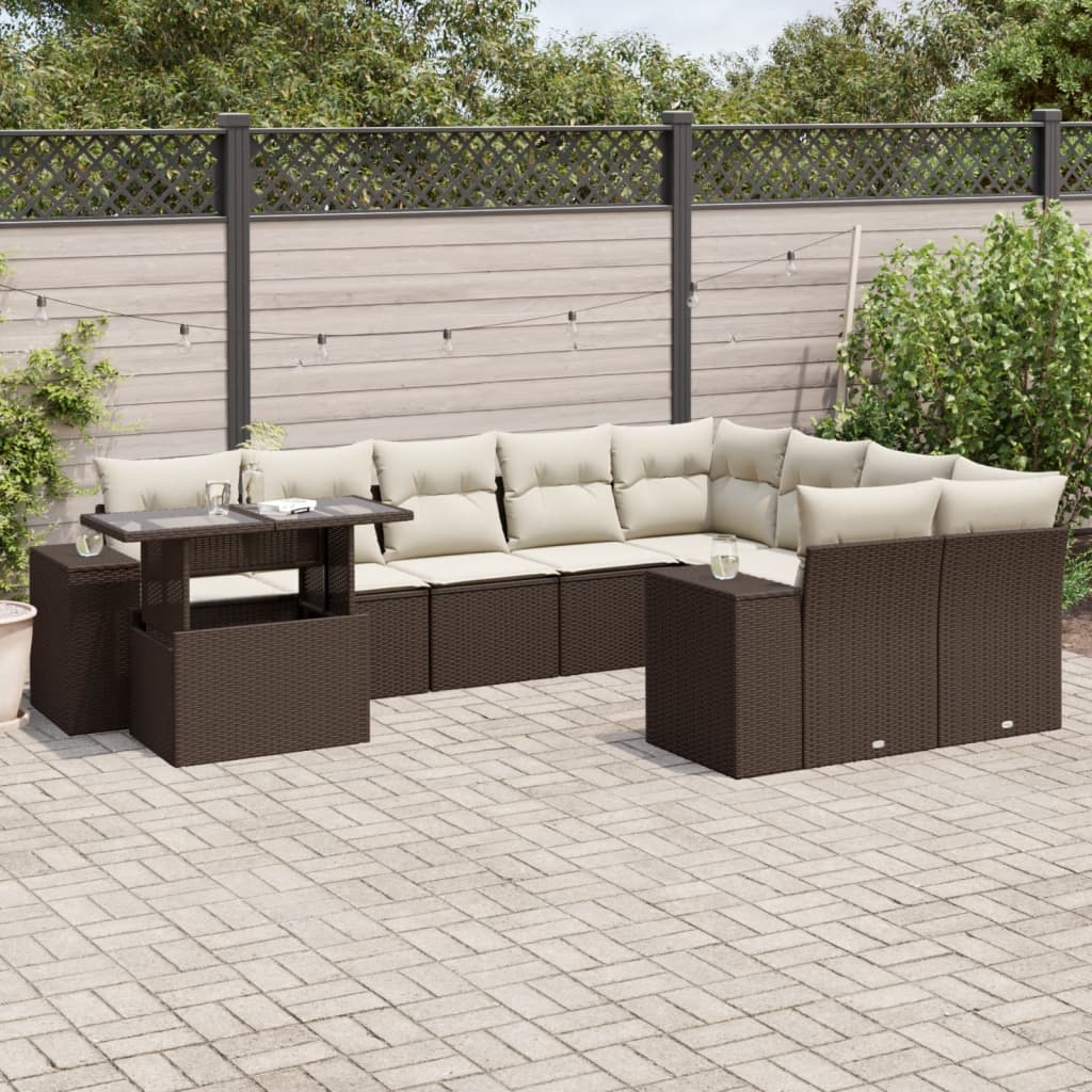 10-tlg. Garten-Sofagarnitur mit Kissen Beige Poly Rattan