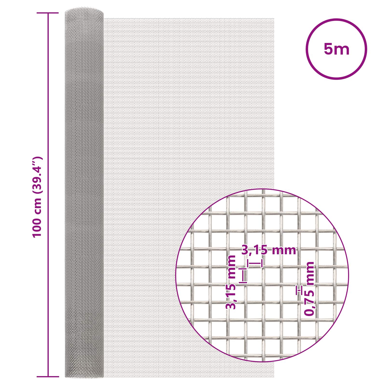 Mesh Bildschirm 20 x 500 cm 20 Mesh Edelstahl 201 Silber