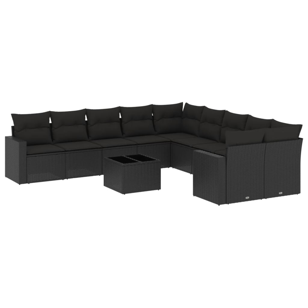 10-tlg. Garten-Sofagarnitur mit Kissen Schwarz Poly Rattan