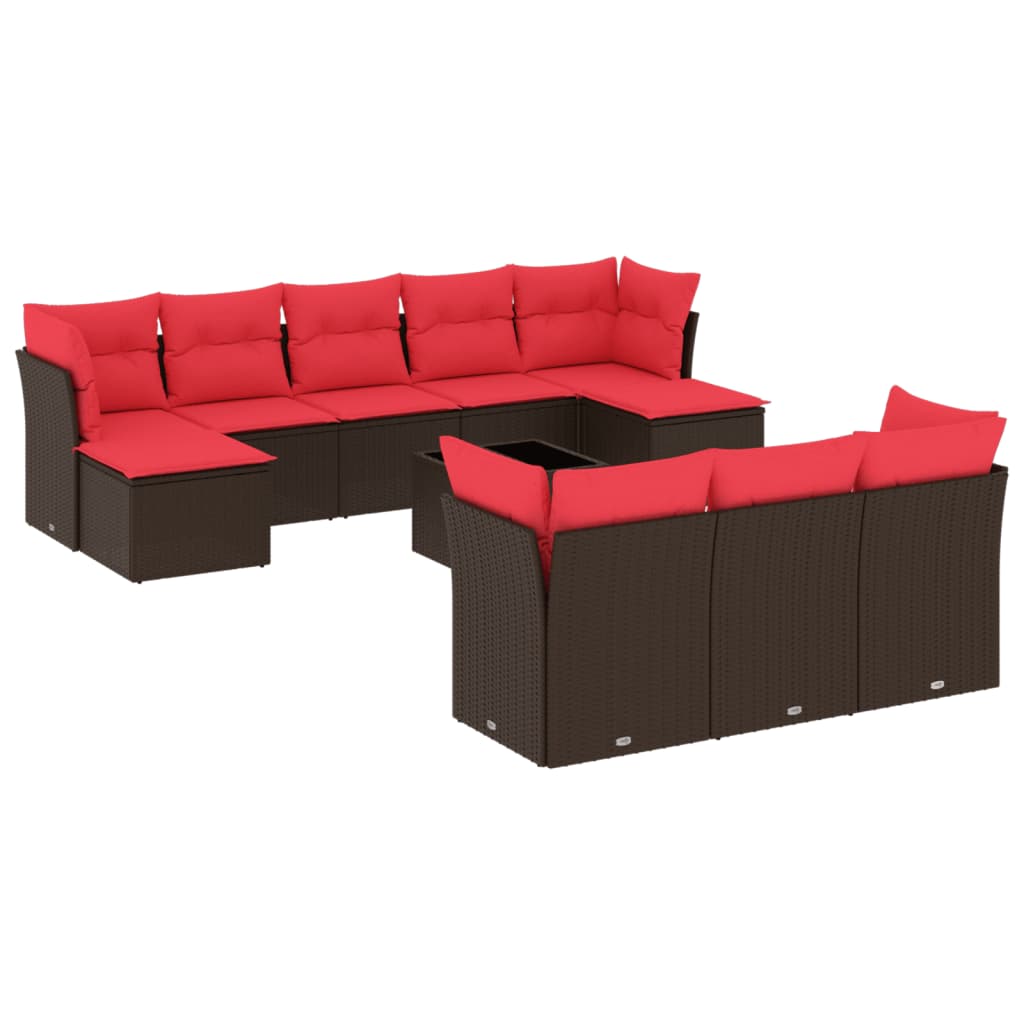 10-teiliges Gartensofa-Set mit Kissen, schwarzes Polyrattan