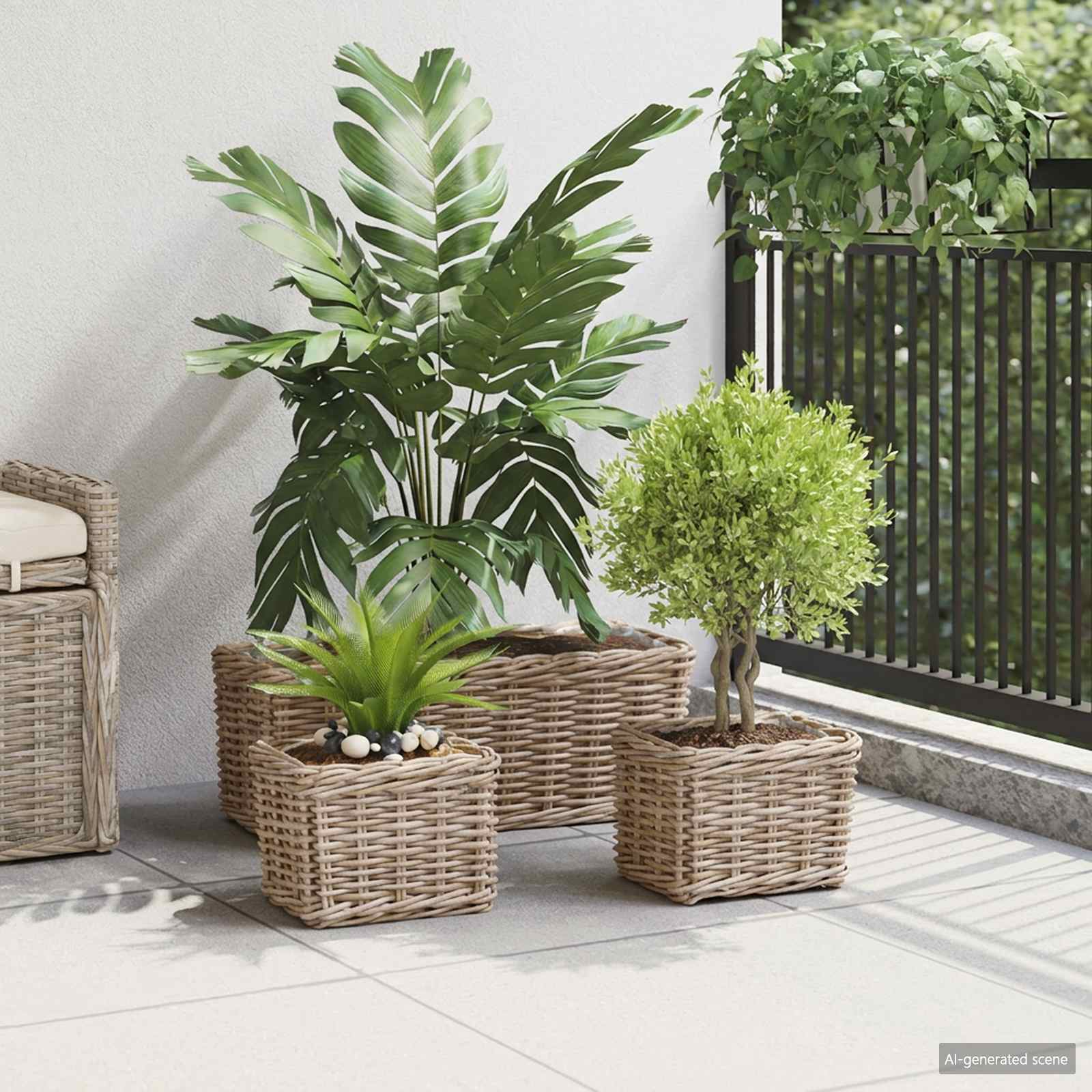 Blumentopfkorb mit Speicher 3 Stk. Natürliches Grau Kubu Rattan