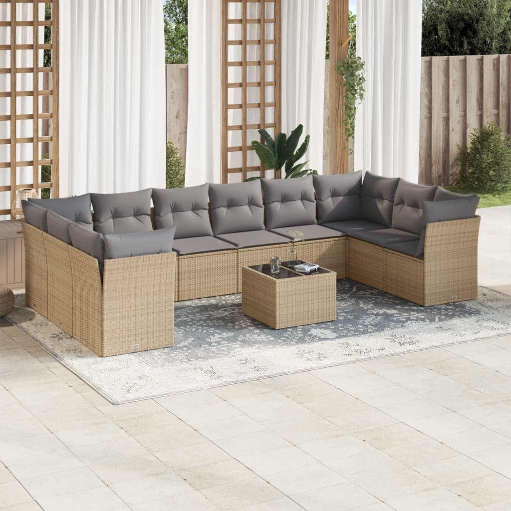 10-tlg. Garten-Sofagarnitur mit Kissen Schwarz Poly Rattan
