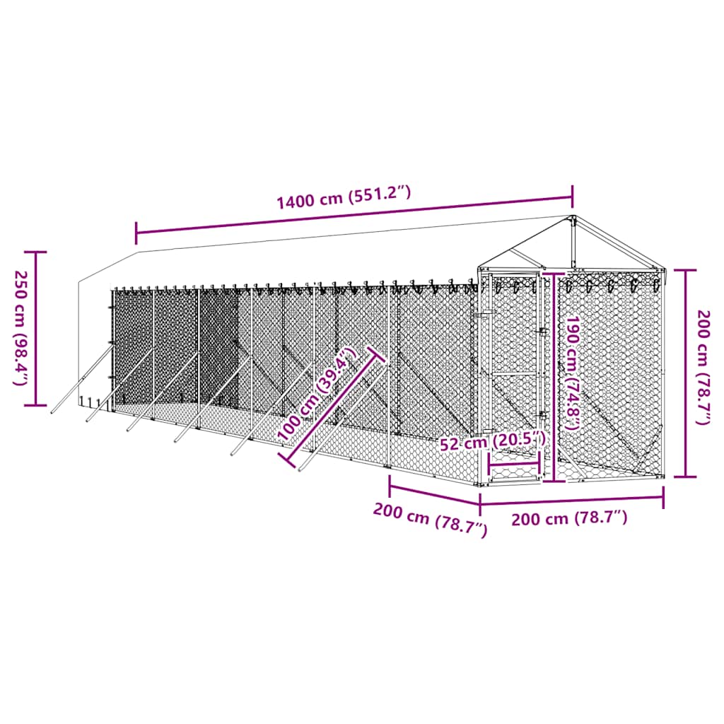 Outdoor-Hundezwinger mit Dach Silbern 2x6x2,5m Verzinkter Stahl