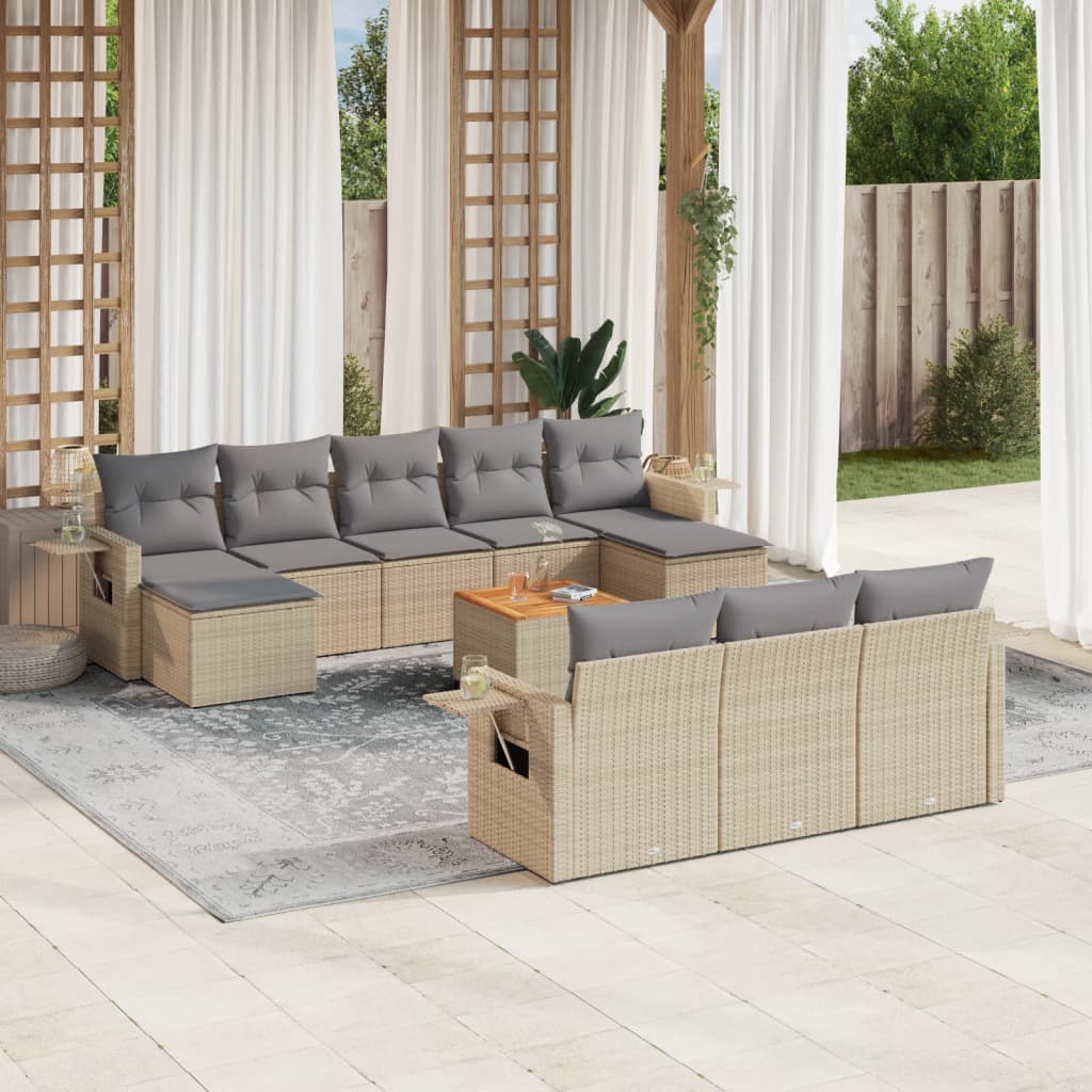 11-tlg. Garten-Sofagarnitur mit Kissen Schwarz Poly Rattan