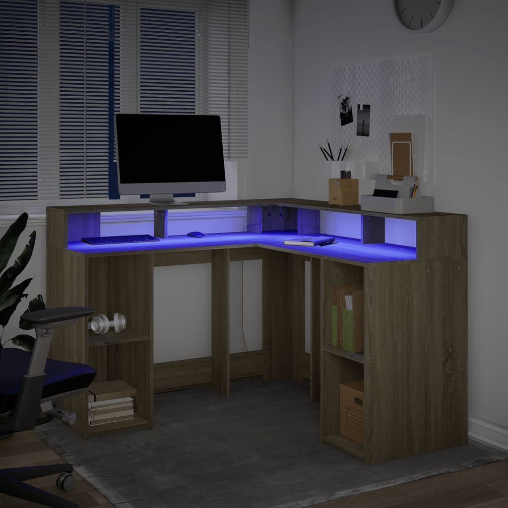 LED-Schreibtisch Weiß 130x130x91 cm Holzwerkstoff