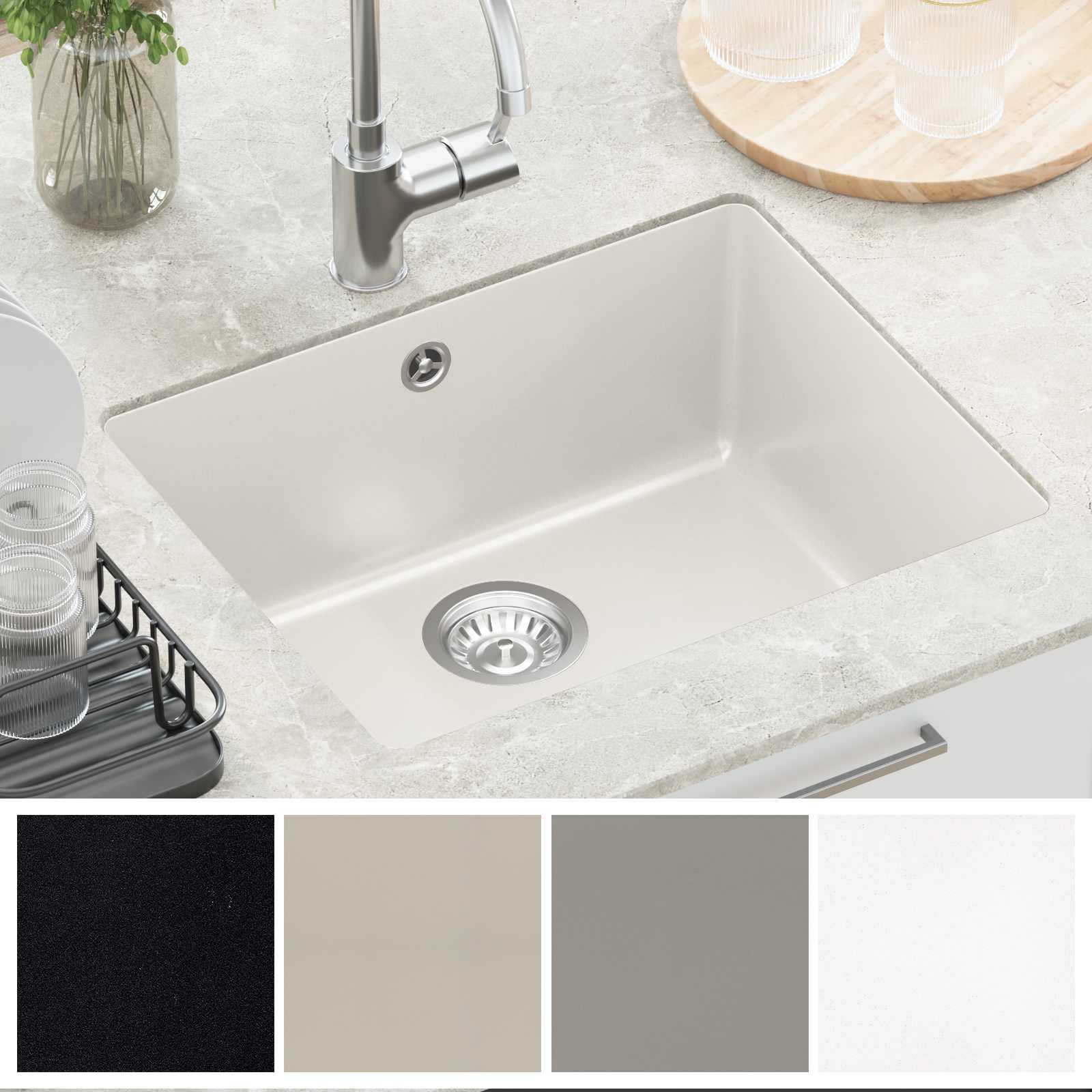 Waschbecken Schwarz 370 x 460 mm 80% Quarz und 20% Harz
