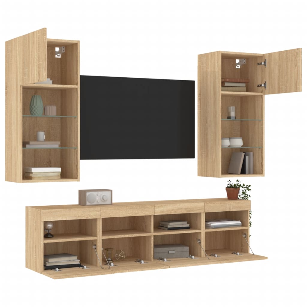 5-tlg. Wohnwand mit LED-Beleuchtung Weiß Holzwerkstoff